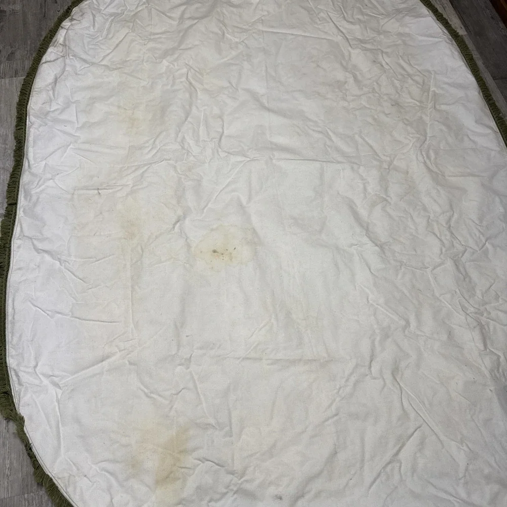 VTG 1970s Flower Power Tablecloth Fringe Hippie Daisy Oval Avocado Green 57x84